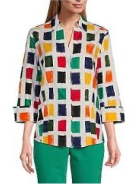 Investments Petites Taylor Button Down Shirt 6P 100% Cotton Multicolor Print EUC